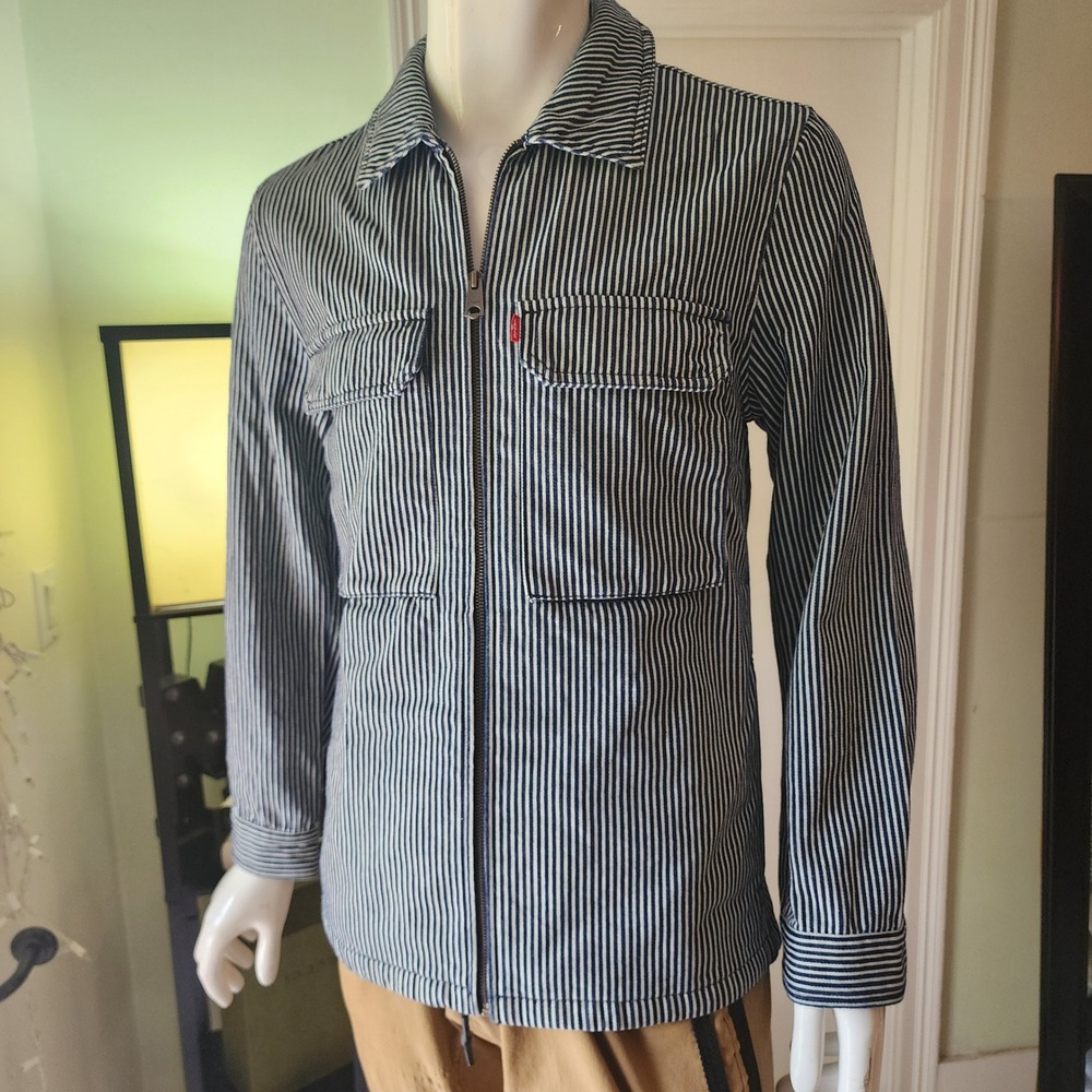 Levis Hickory Stripe Denim Zip Up Workwear Jacket Mens Blue White Chore Coat @27 - Picture 1 of 15